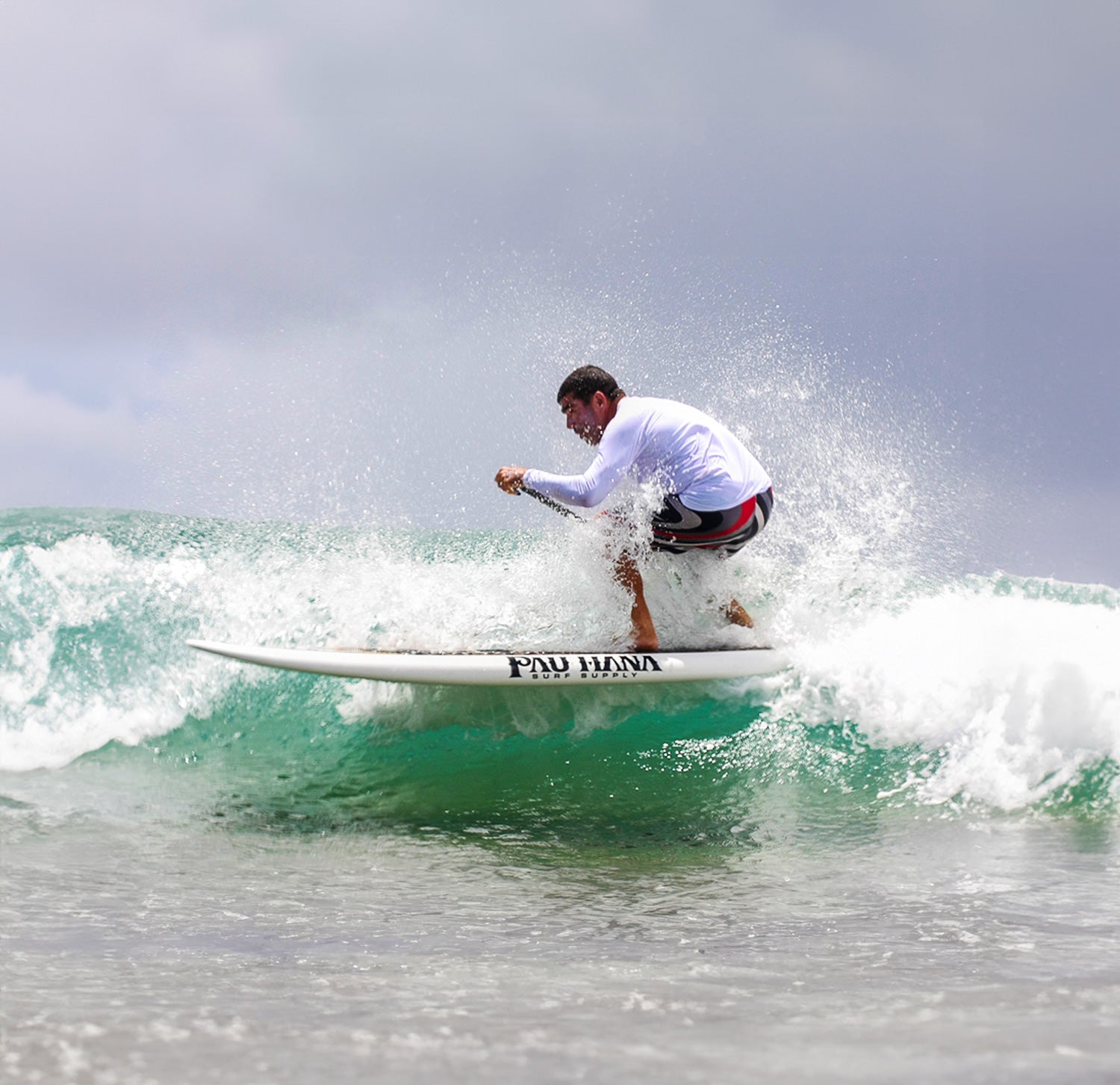 a man SUP surfing on a wave