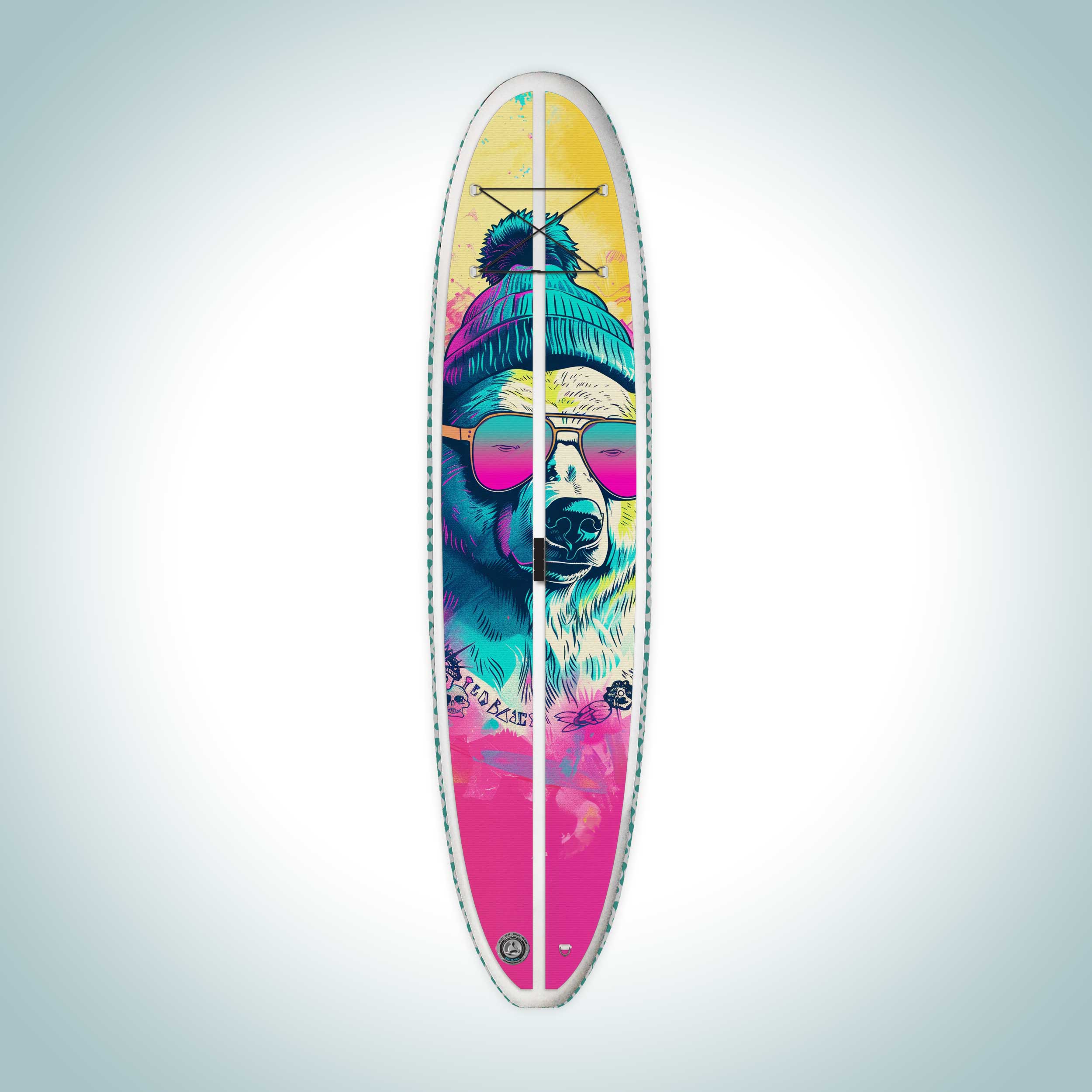 Colorful paddleboard with a design of a bear wearing sunglasses and a hat on a light gray background