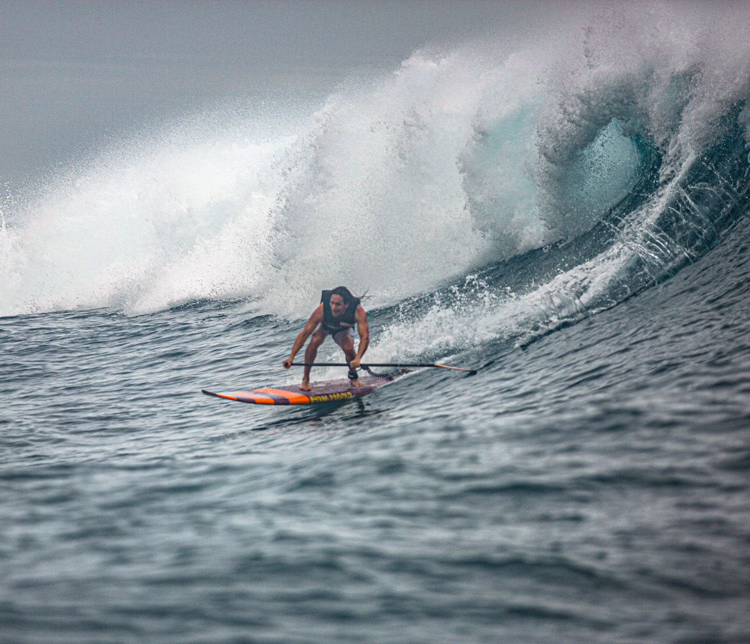 "Pau Hana Surf Supply 8'6" Carve surf sup charging steep ocean wave in Oahu"