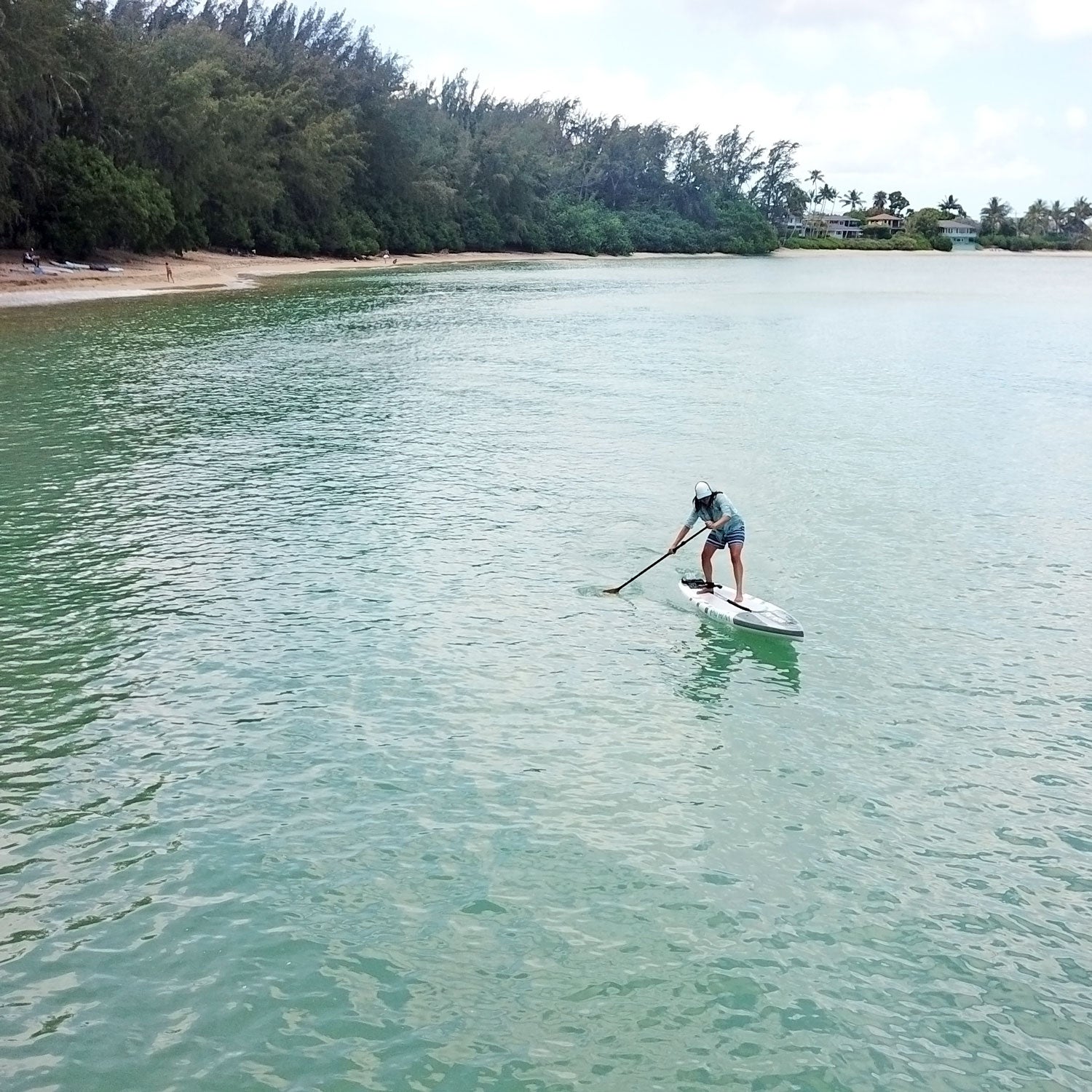 a woman paddleboarding next to a shoreline with trees and houses in the background
