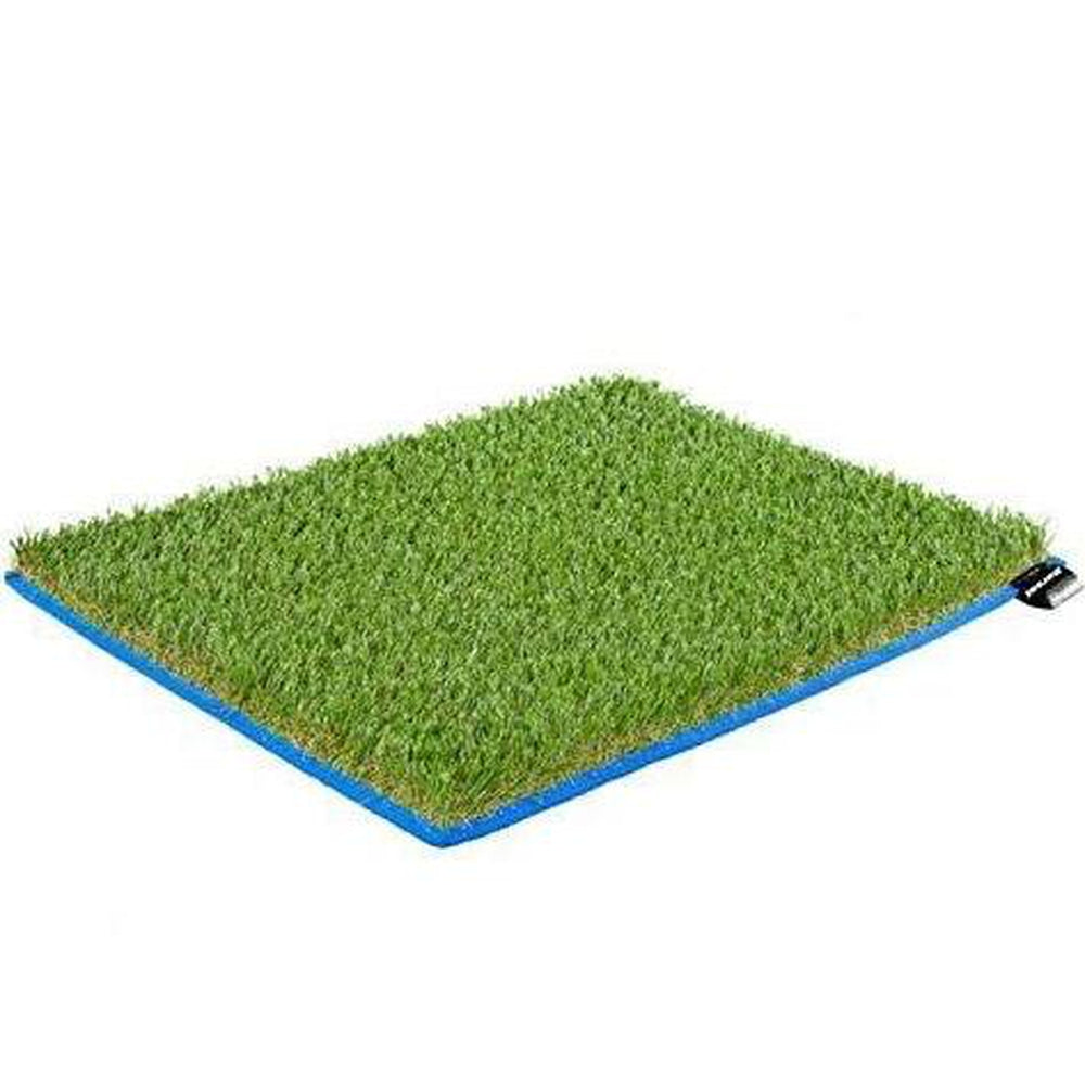 Artificial grass mat with blue border on a white background