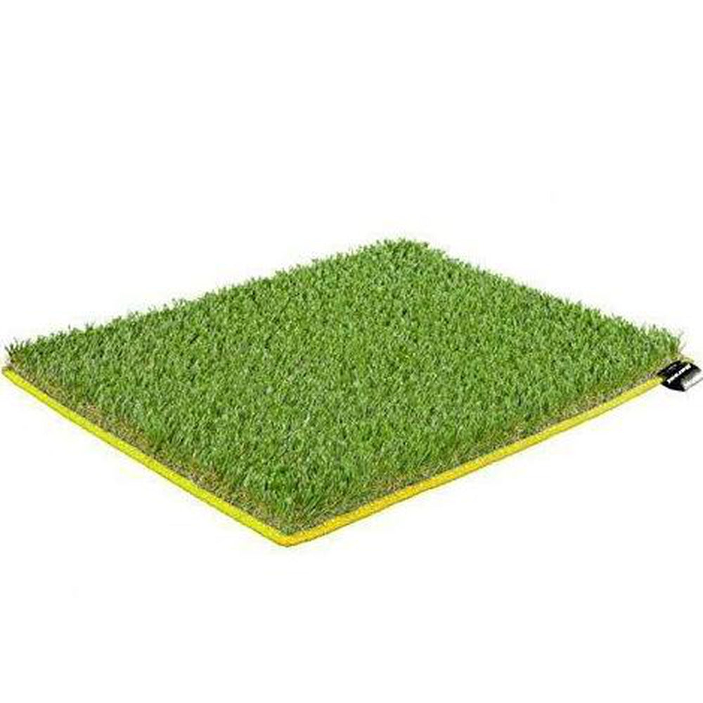 Artificial grass mat with a yellow border on a white background