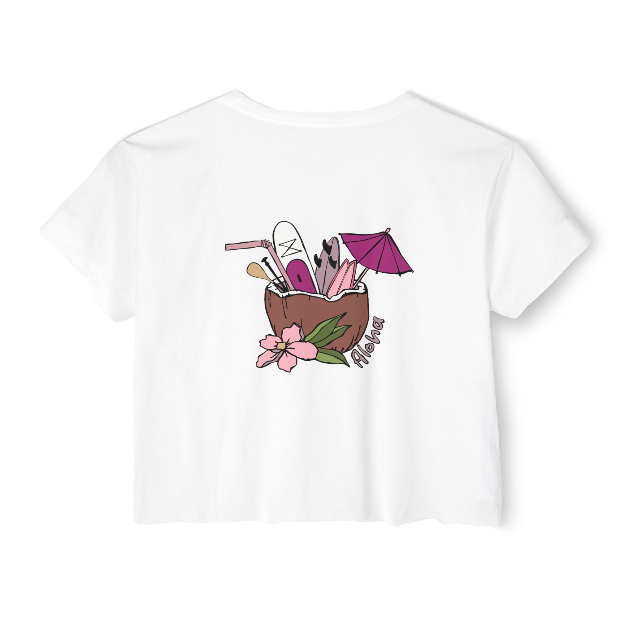 White t-shirt with a tropical drink design on a white background
