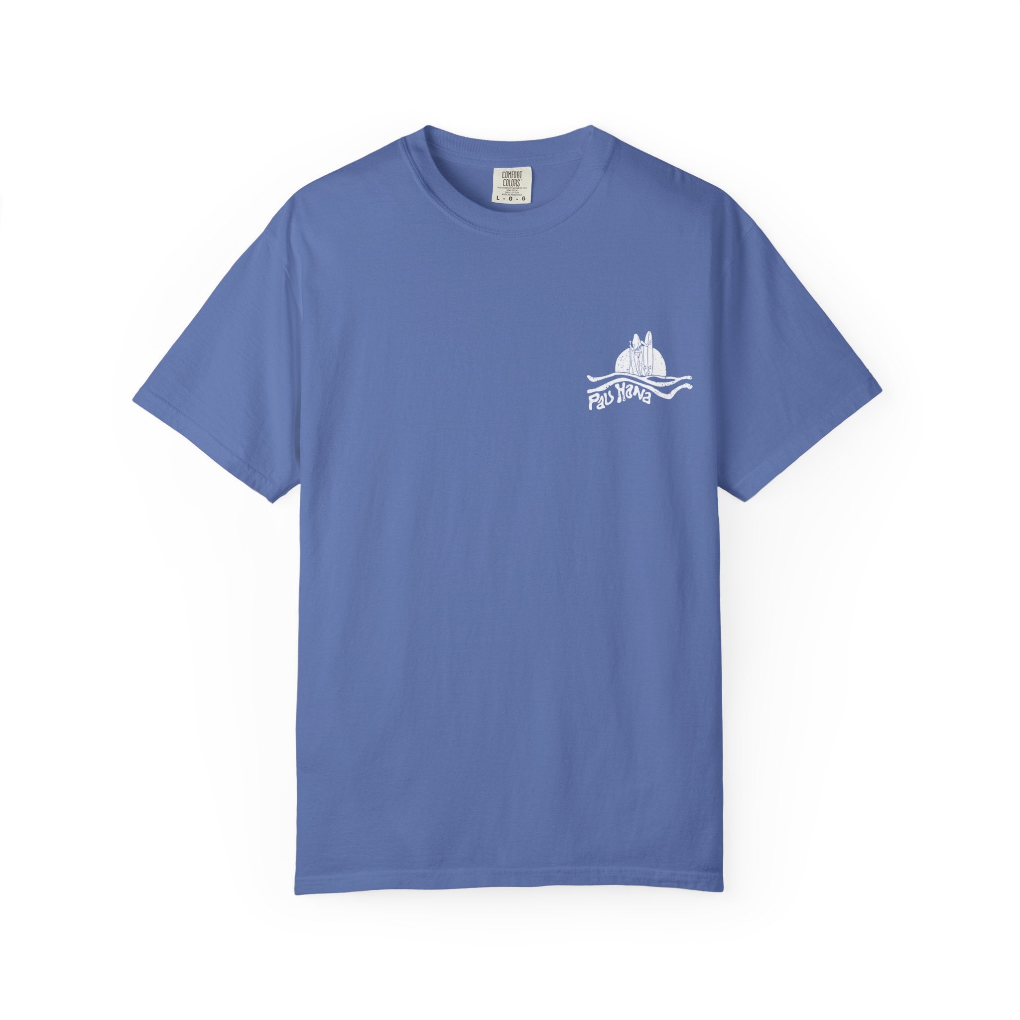 Purple t-shirt with a white graphic on a white background