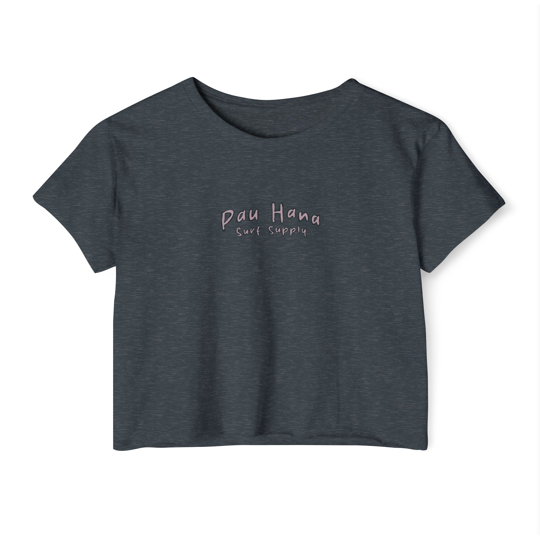 Black t-shirt with pink text on a white background