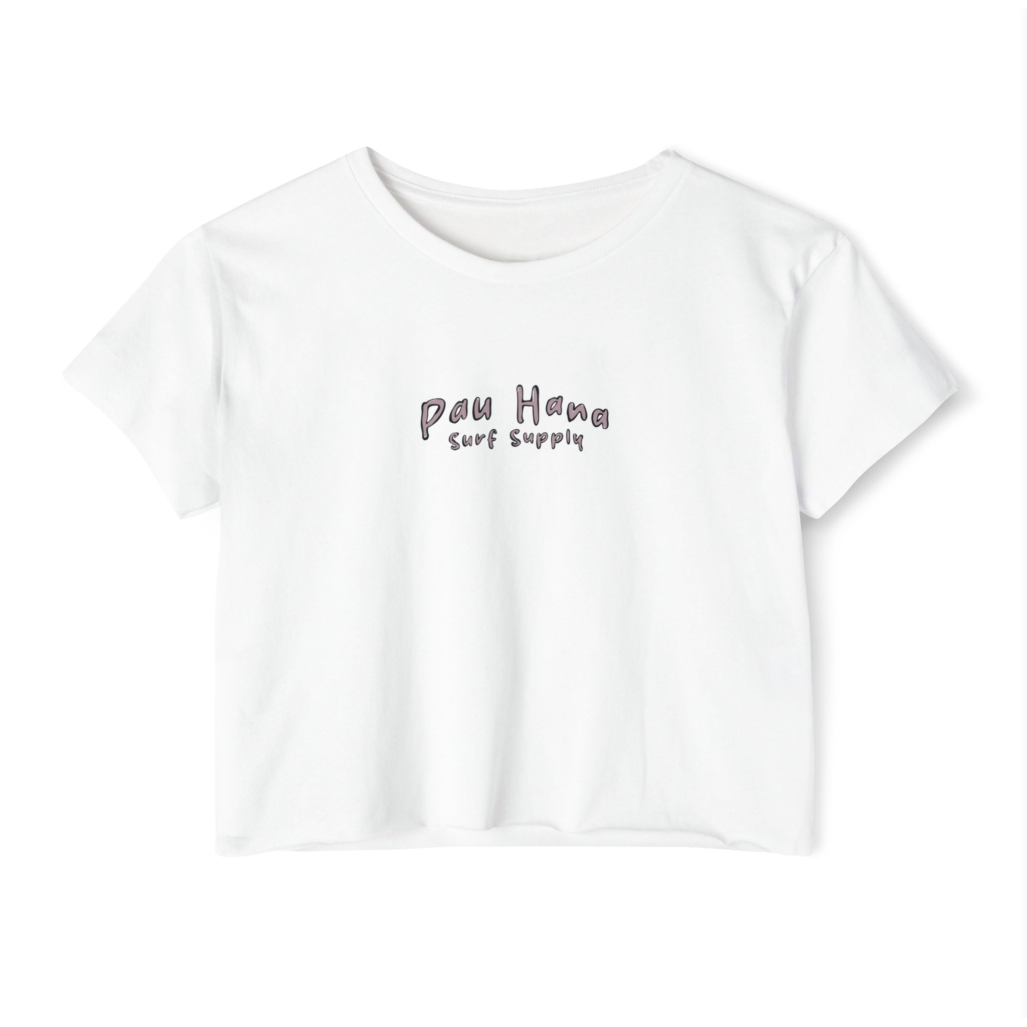 White crop top with 'Paw Hana Surf Supply' text on a white background