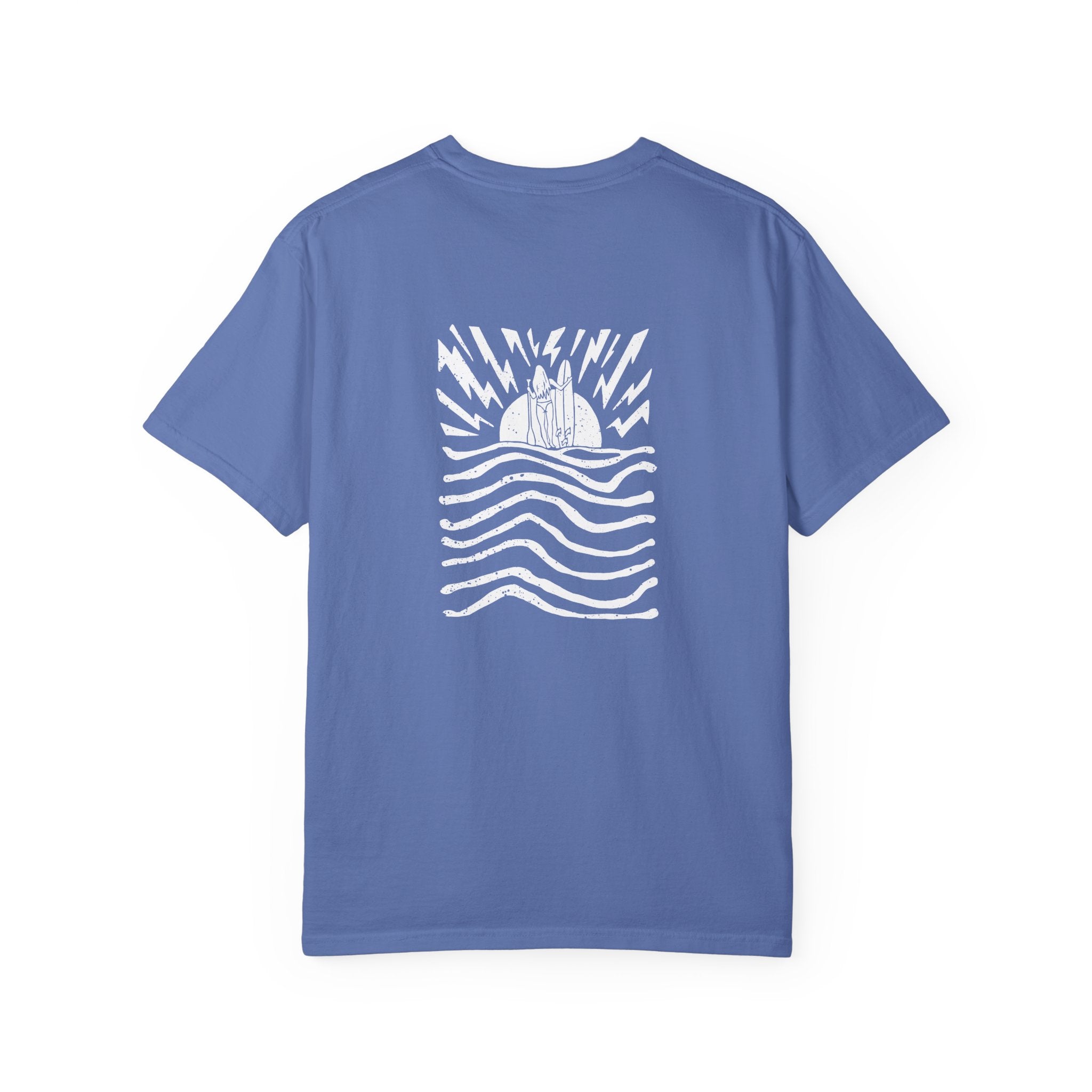 Blue t-shirt with white text on a white background