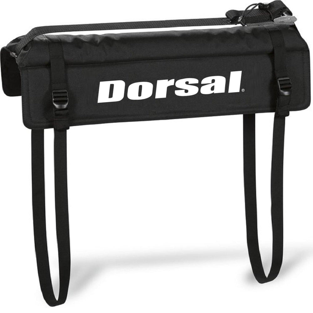 Black Dorsal tailgate pad for board transport with straps on a white background