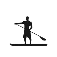 Black silhouette of a person paddleboarding on a white background