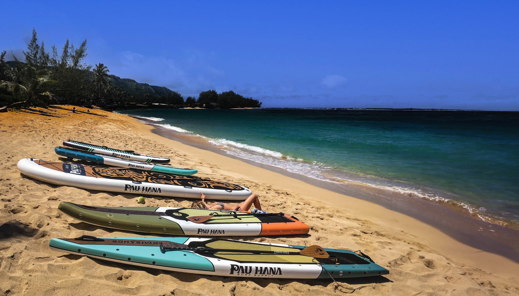 A row of Pau Hana Surf Supply paddleboards lined up on a beach in Hawaii