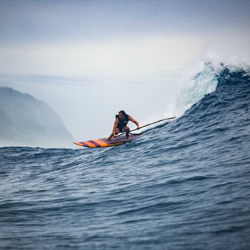 "Pau Hana Surf Supply 8'6" Carve surf sup charging steep ocean wave in Oahu"