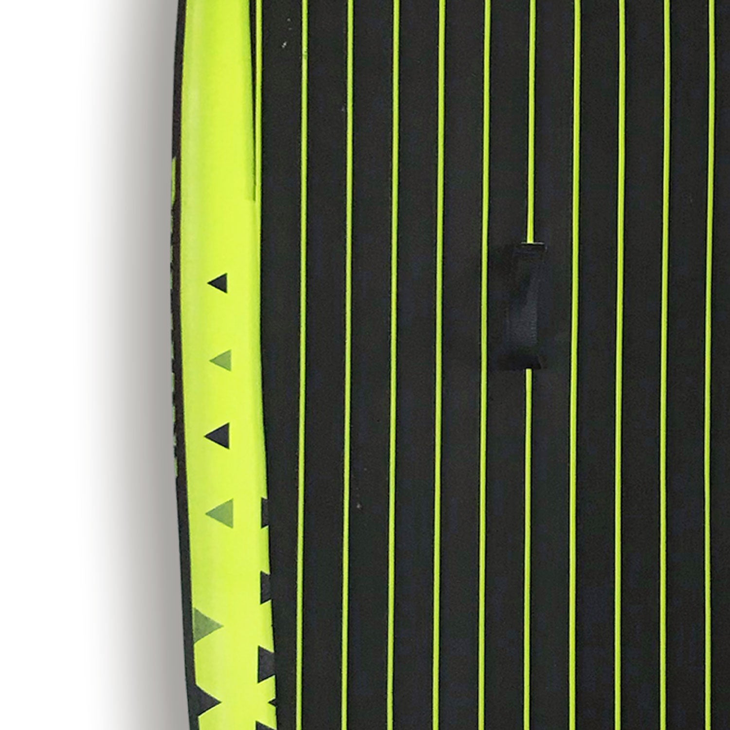 Black and yellow striped product with geometric patterns on a white background