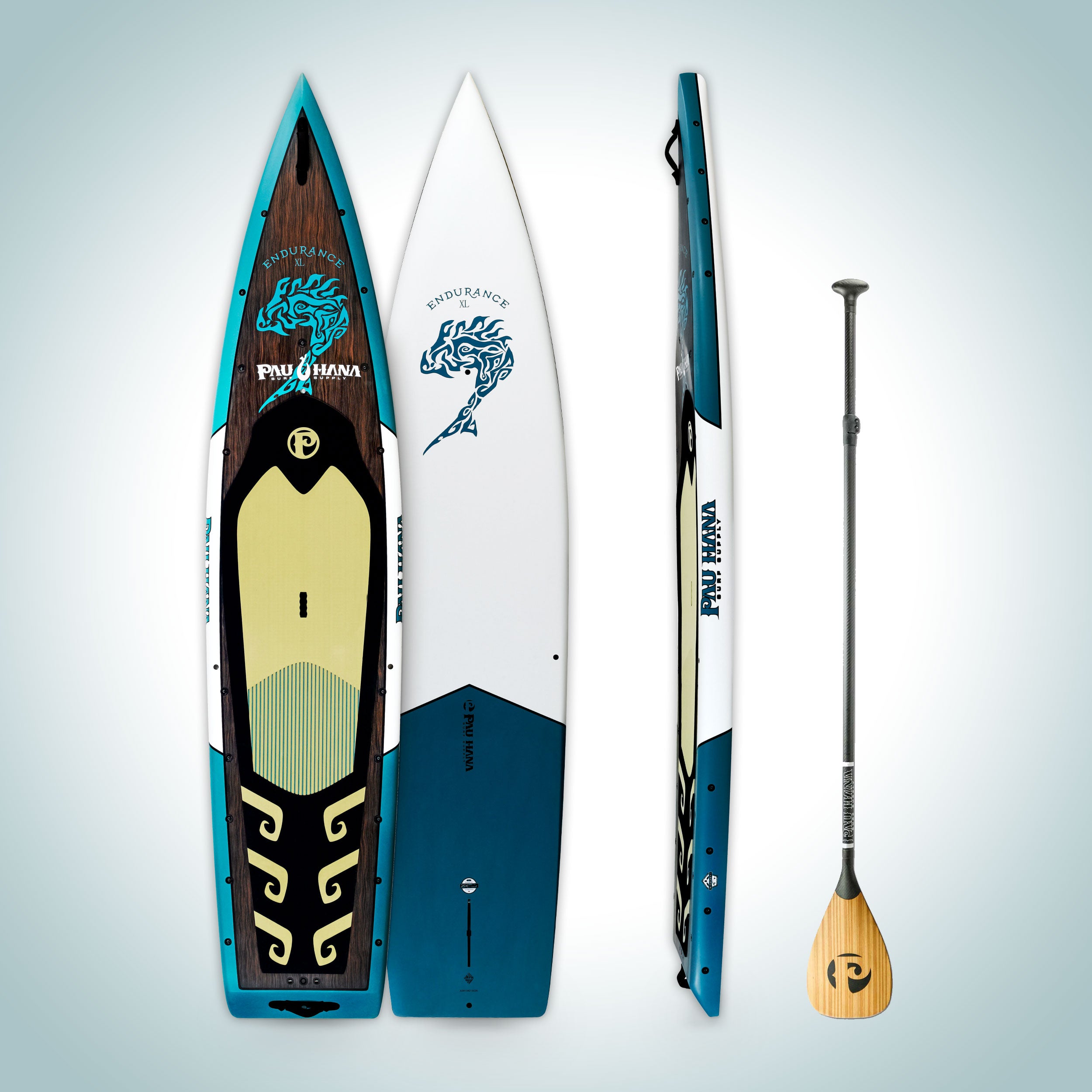 "Pau Hana touring SUP Endurance XL package with 3-piece carbon teak paddle - showing carbon fiber construction, teak inlay deck, and performance rail design"