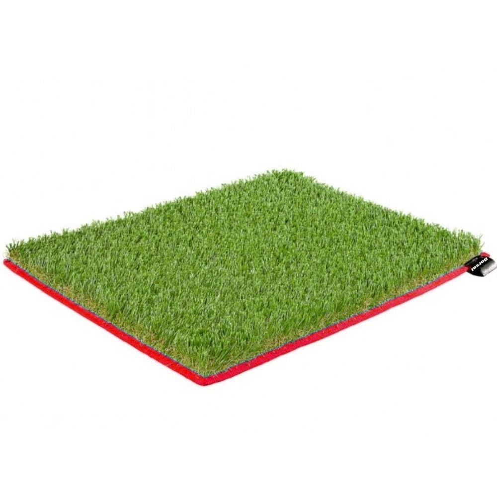 Artificial grass mat with red border on a white background