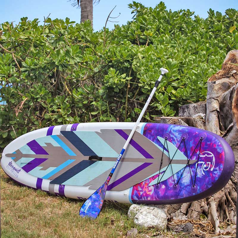 Pau Hana Surf Supply Moon Mist TPU inflatable yoga paddleboard cosmic feather with matching Moon Mist Paddle"