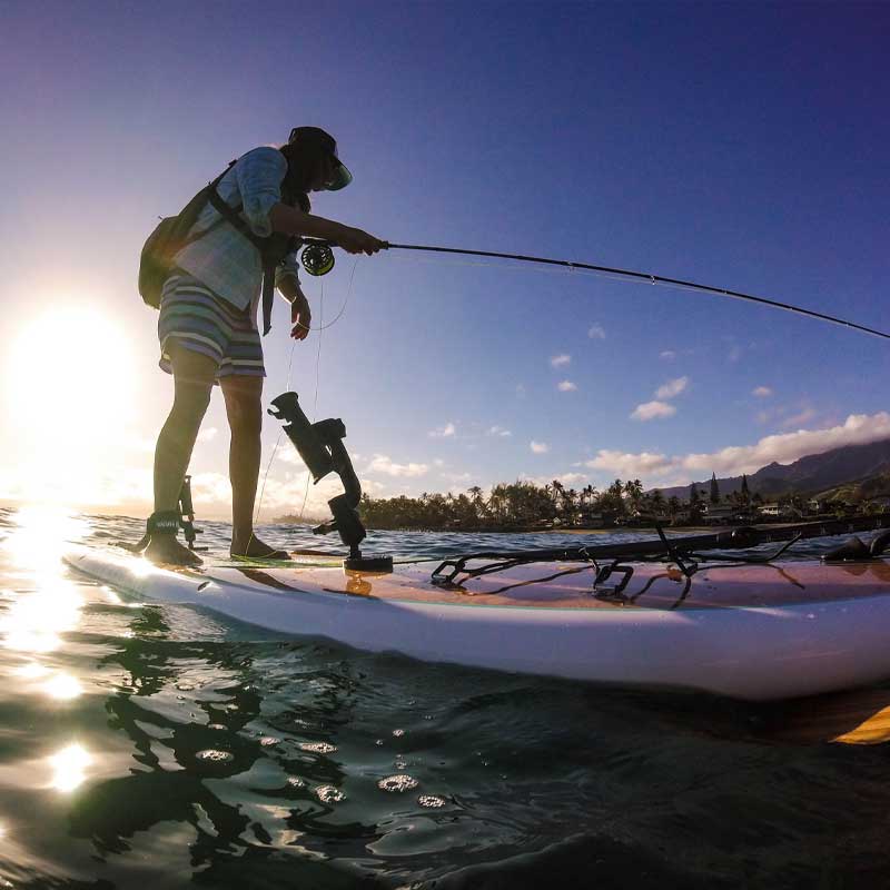 "Pau Hana Surf Supply Navio sunrise fly fishing session Oahu, Hawaii palm trees mountain views"