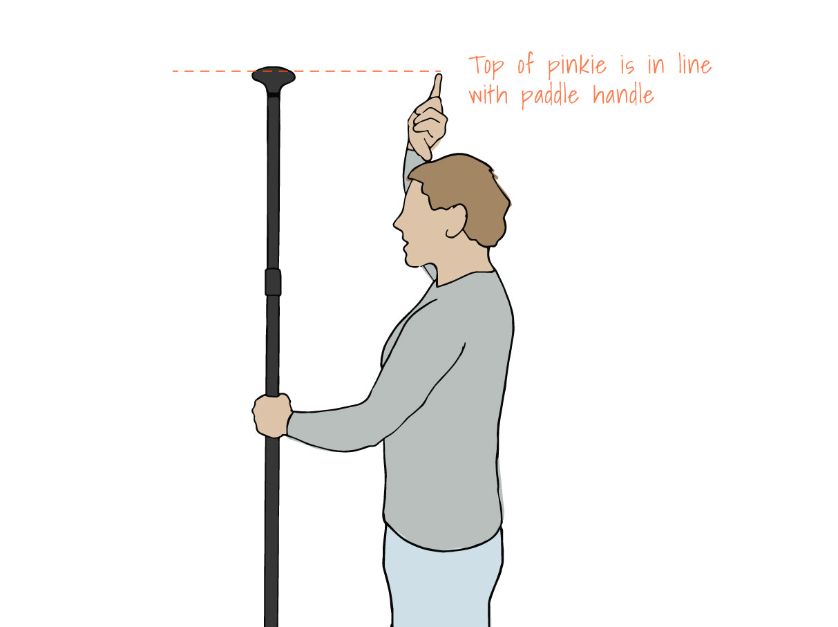 "Stand-up paddle fitting guide: correct paddle height aligned with extended fingertip for optimal SUP handling and proper form"