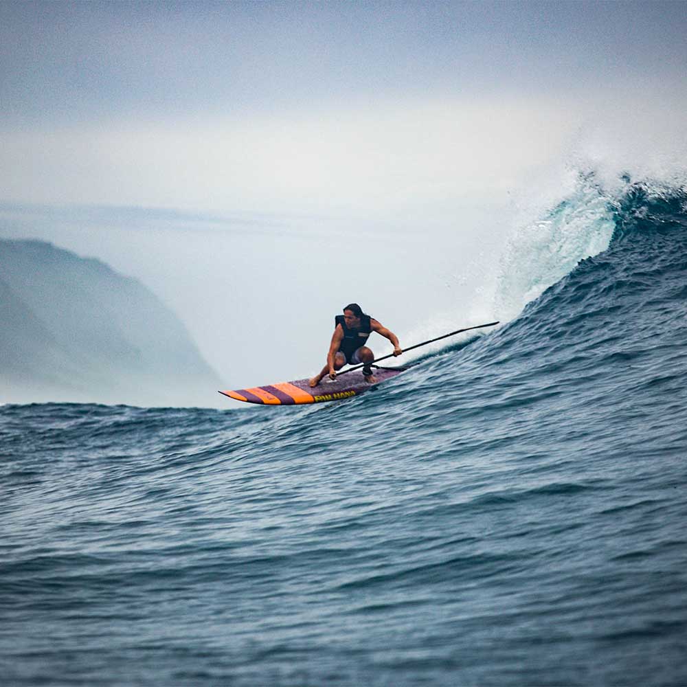 "Pau Hana Surf Supply 8'6" Carve surf sup charging steep ocean wave in Oahu"