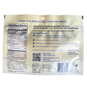 Back of a sealed food pouch showing nutrition facts, instructions, QR codes, and branding on a white background.