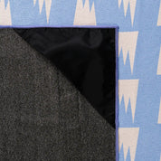 Close-up of a blue and white patterned rug with a black backing.