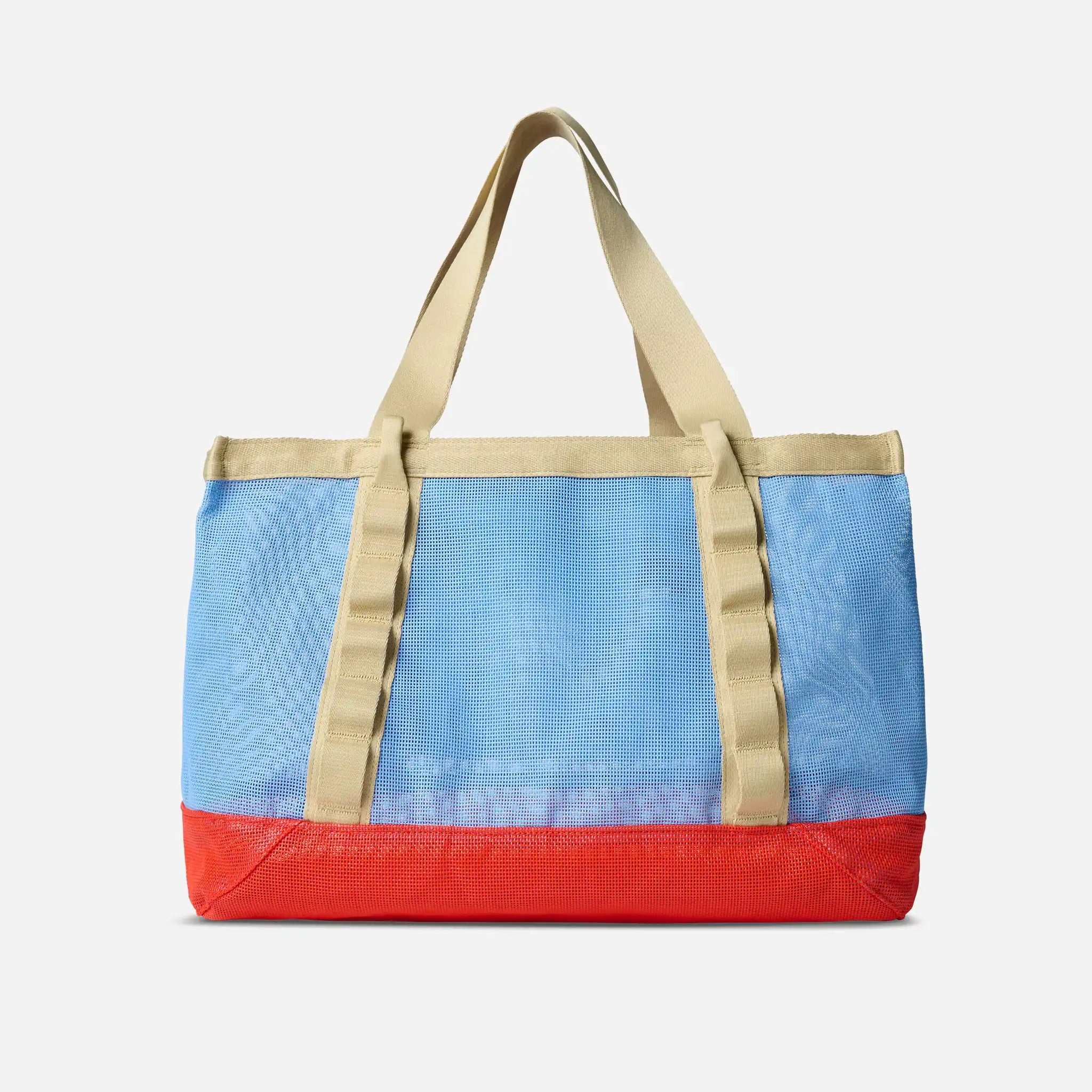 Tote bag with blue top half and red bottom half on a white background