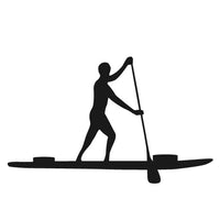 Black silhouette of a person paddleboarding on a white background