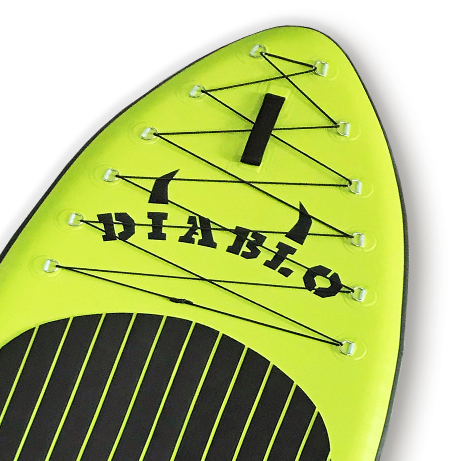 Close-up of a neon green paddleboard with 'Diablo' branding on a white background