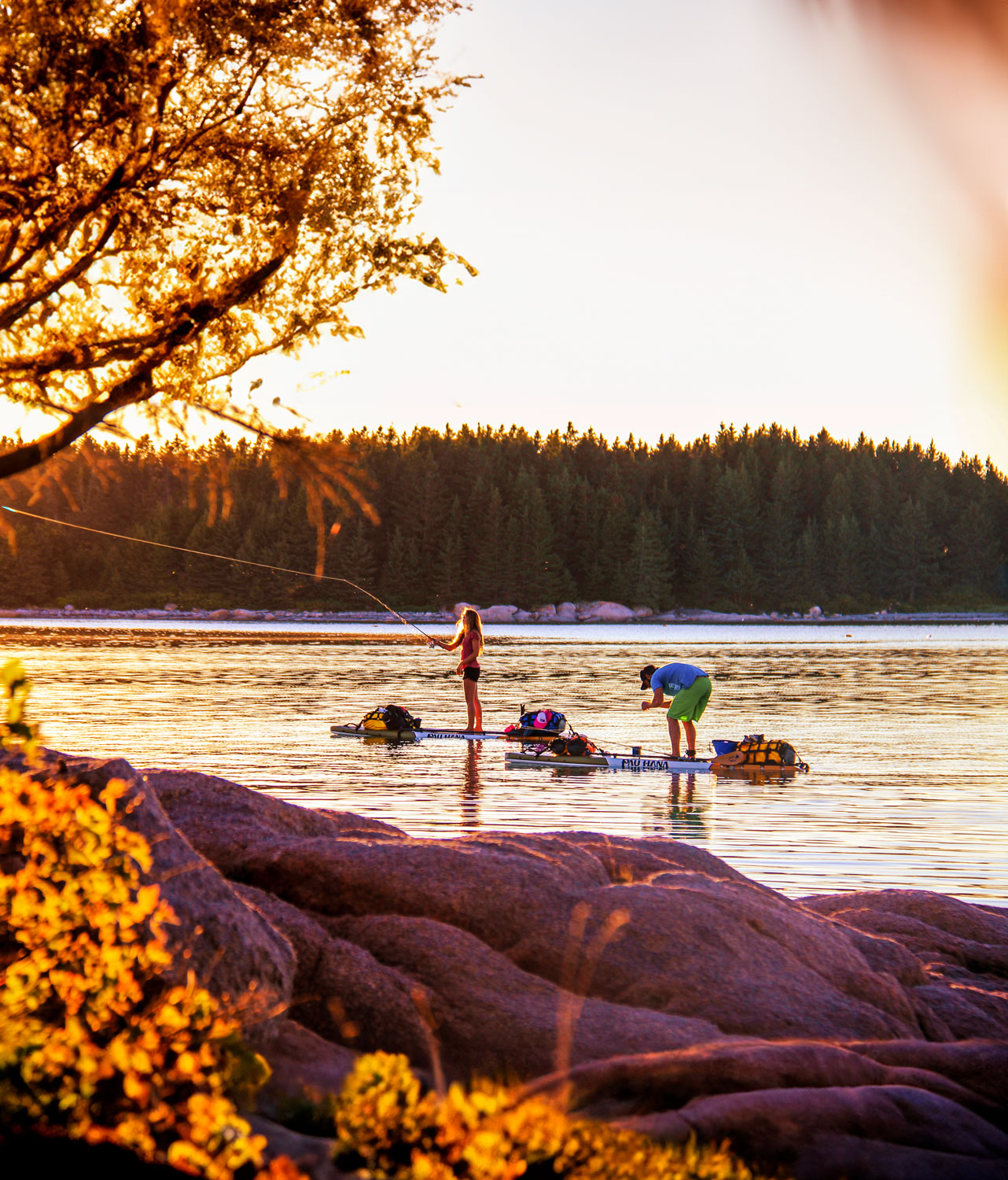 "Pau Hana Surf Supply Endurance touring SUPs loaded with camping gear at sunset, fishing stability, showcasing expedition capability on Maine waters"