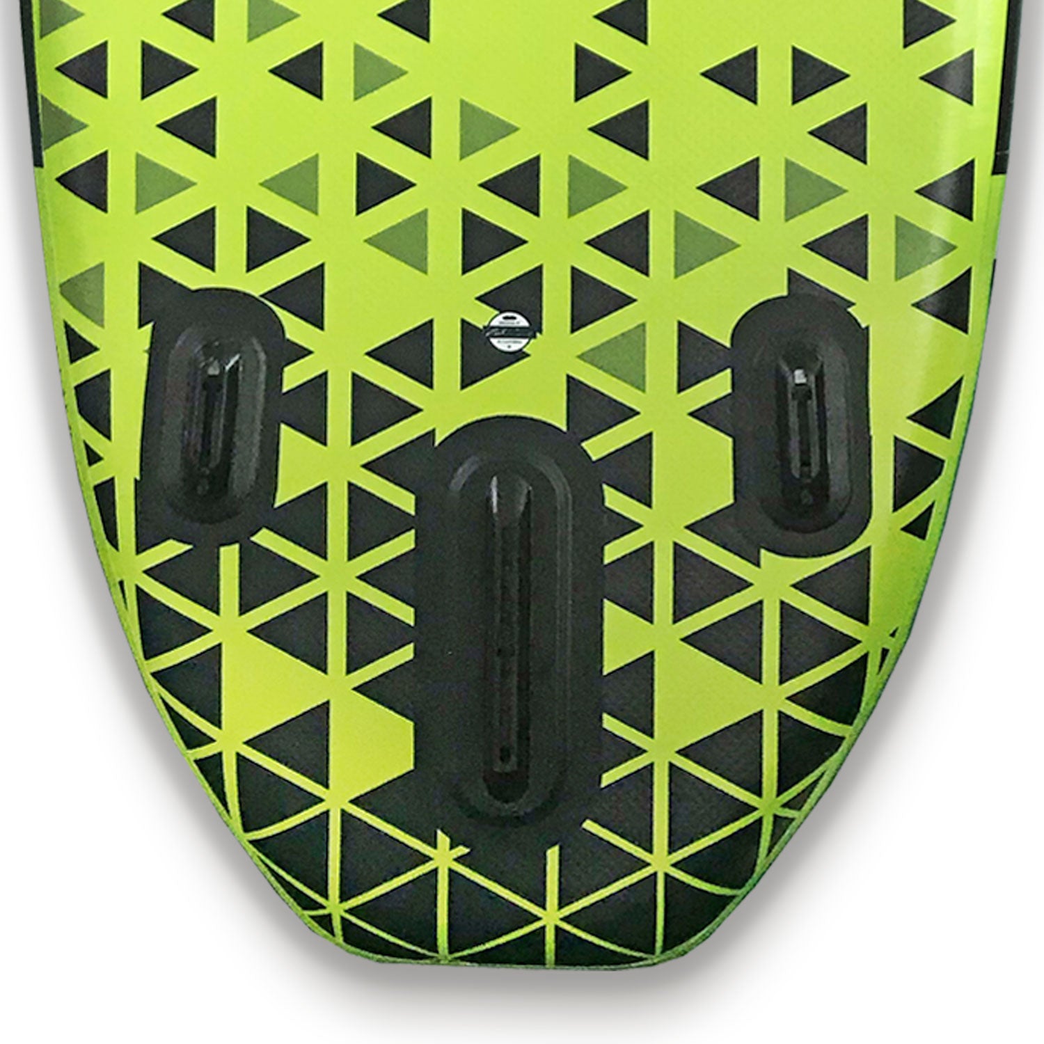 Green and black patterned board with three black fin boxes on a white background