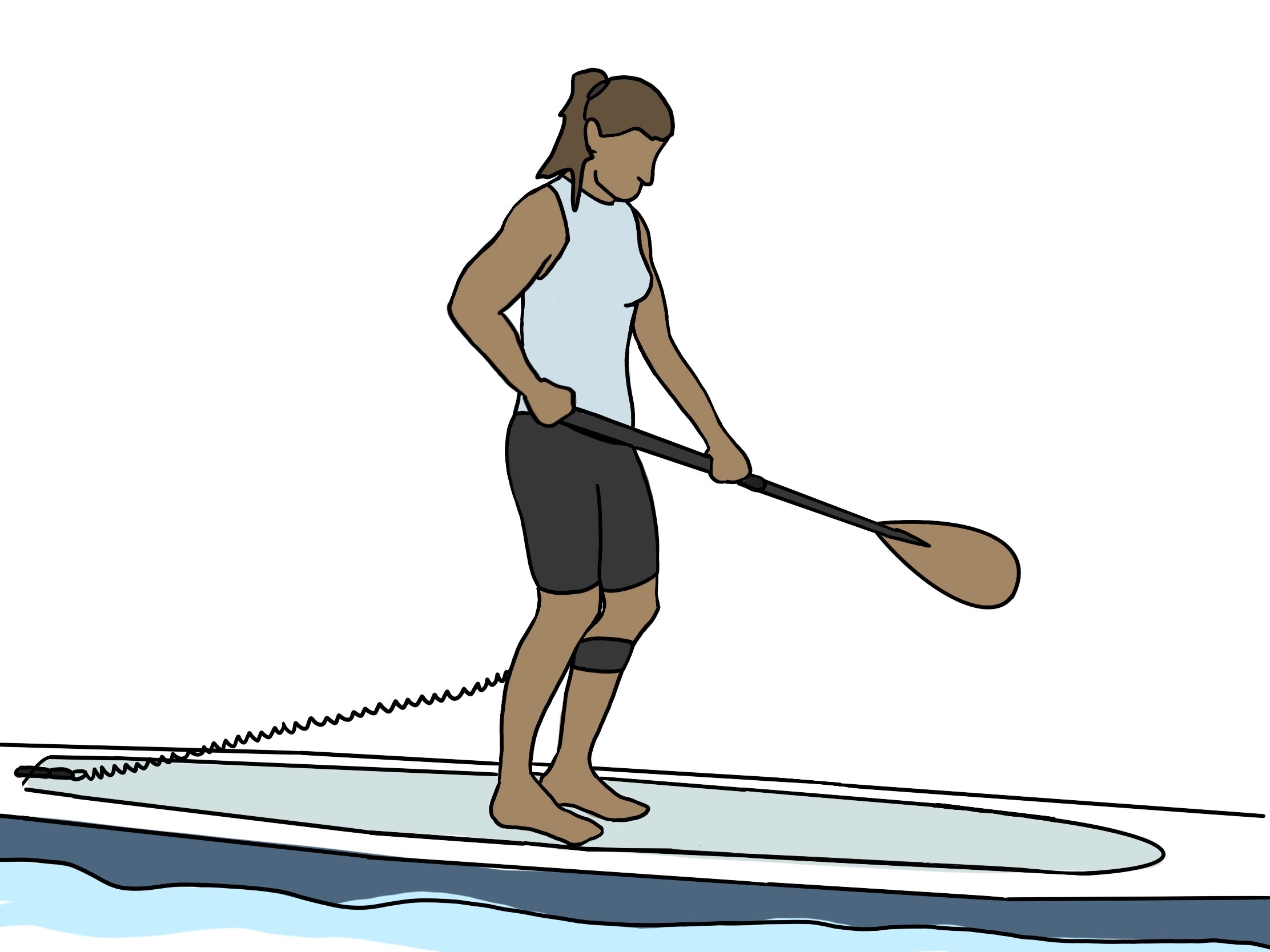 &quot;Pau Hana SUP instruction: proper upright stance with athletic posture and paddle readiness&quot;