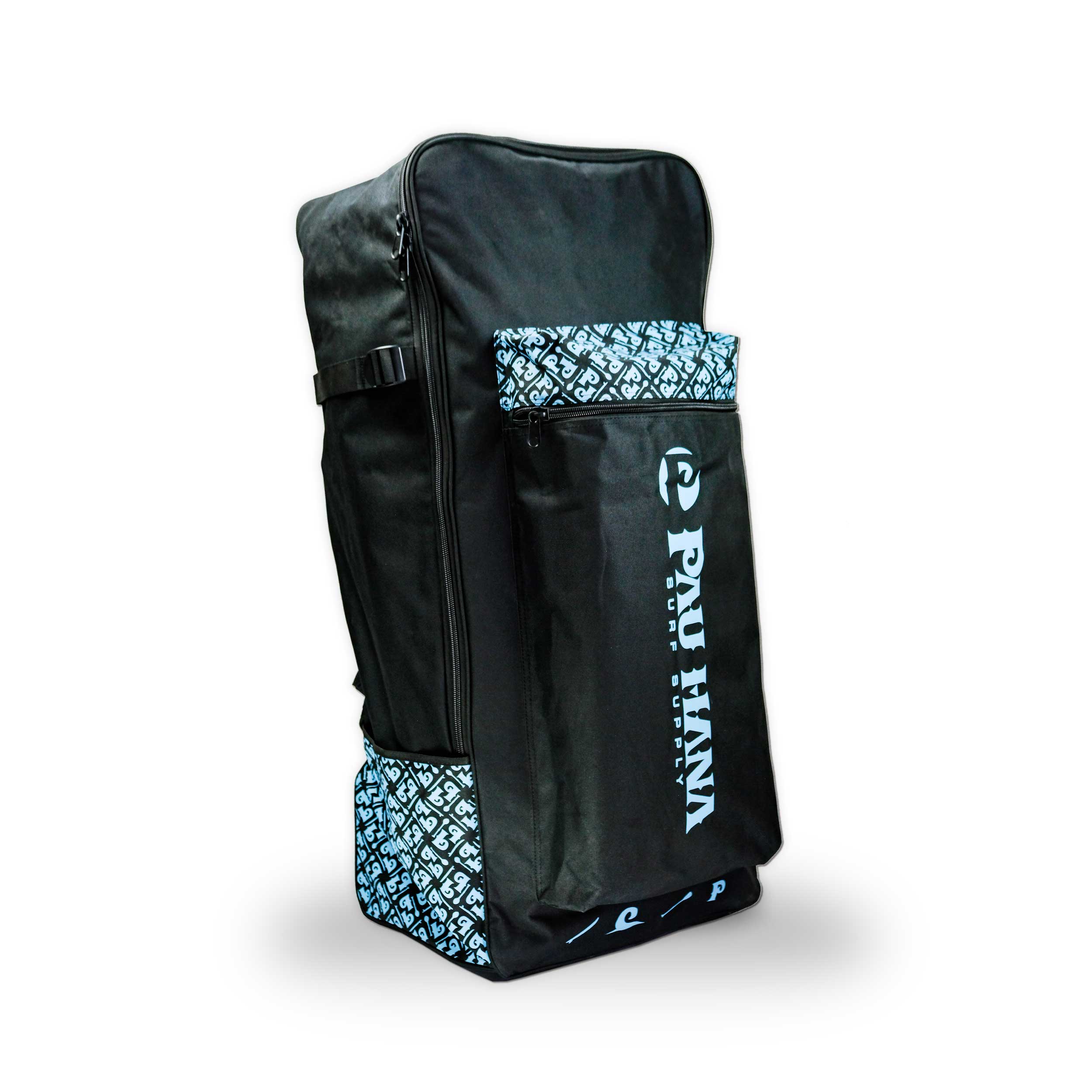 Black bag with blue patterns and visible branding on a white background