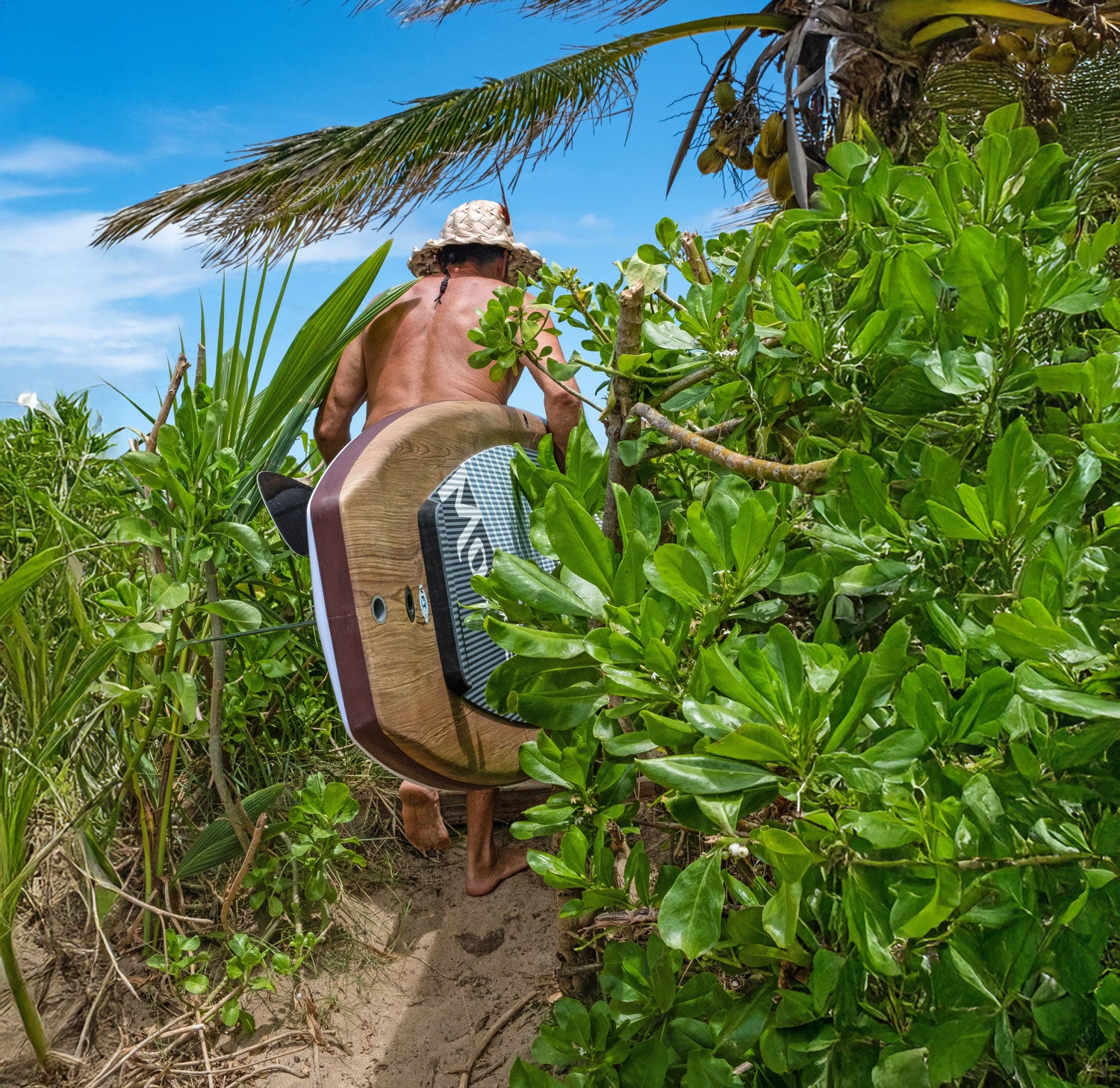 Person with a sup walking through green foliage on a beach
