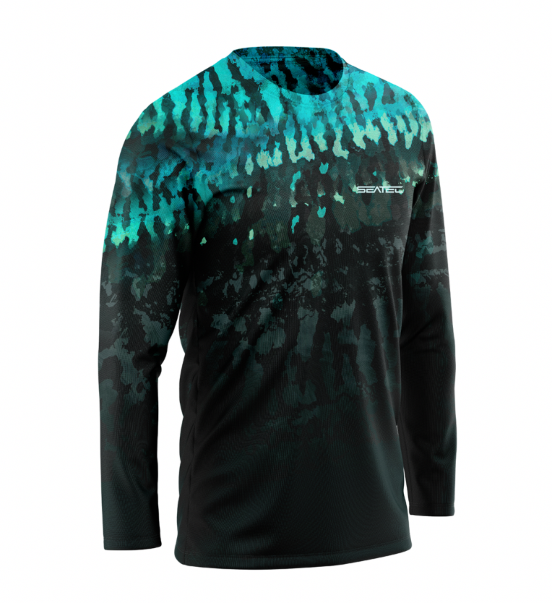 Long-sleeve shirt with a camouflage pattern in green and black on a white background