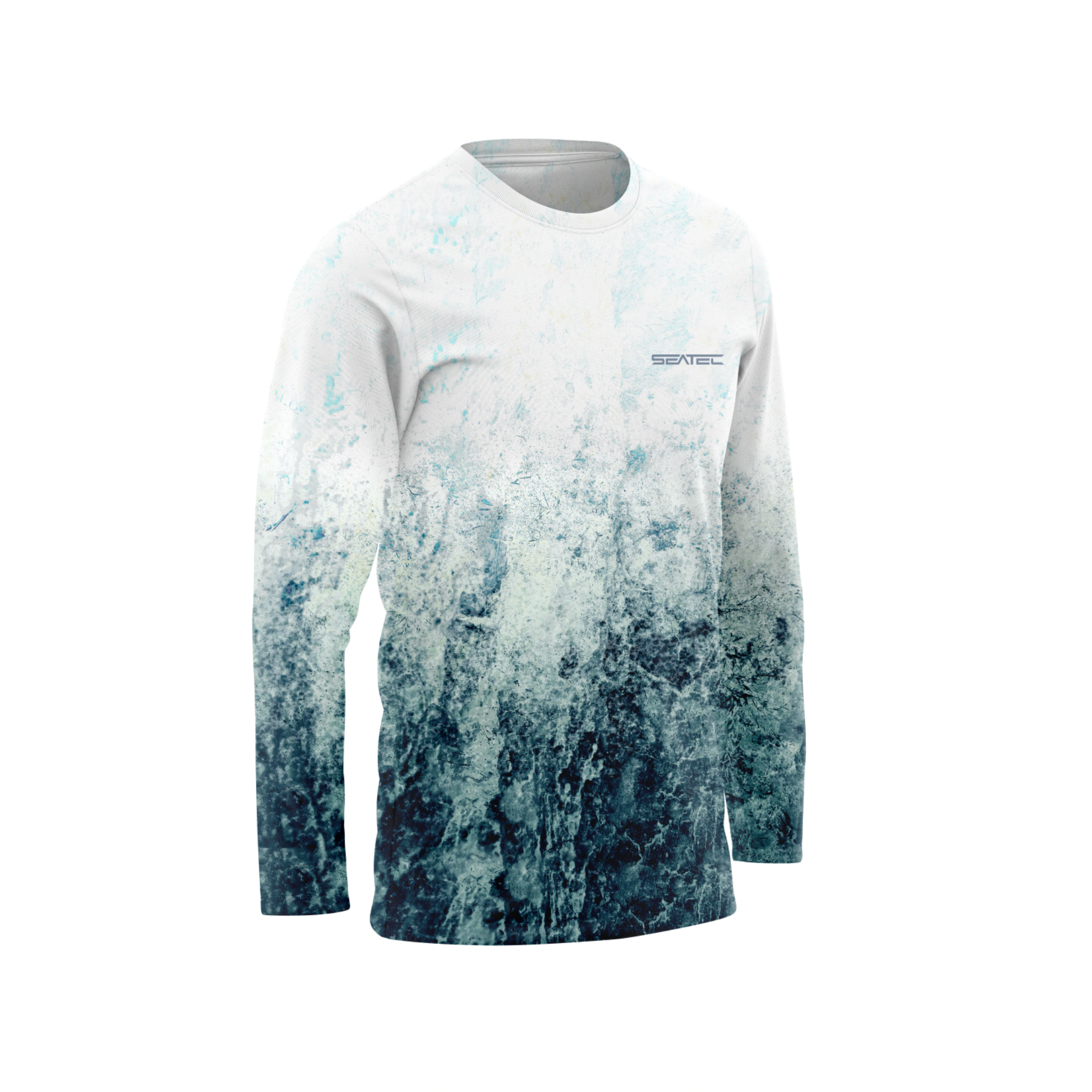 Long-sleeve shirt with a blue and white pattern on a white background
