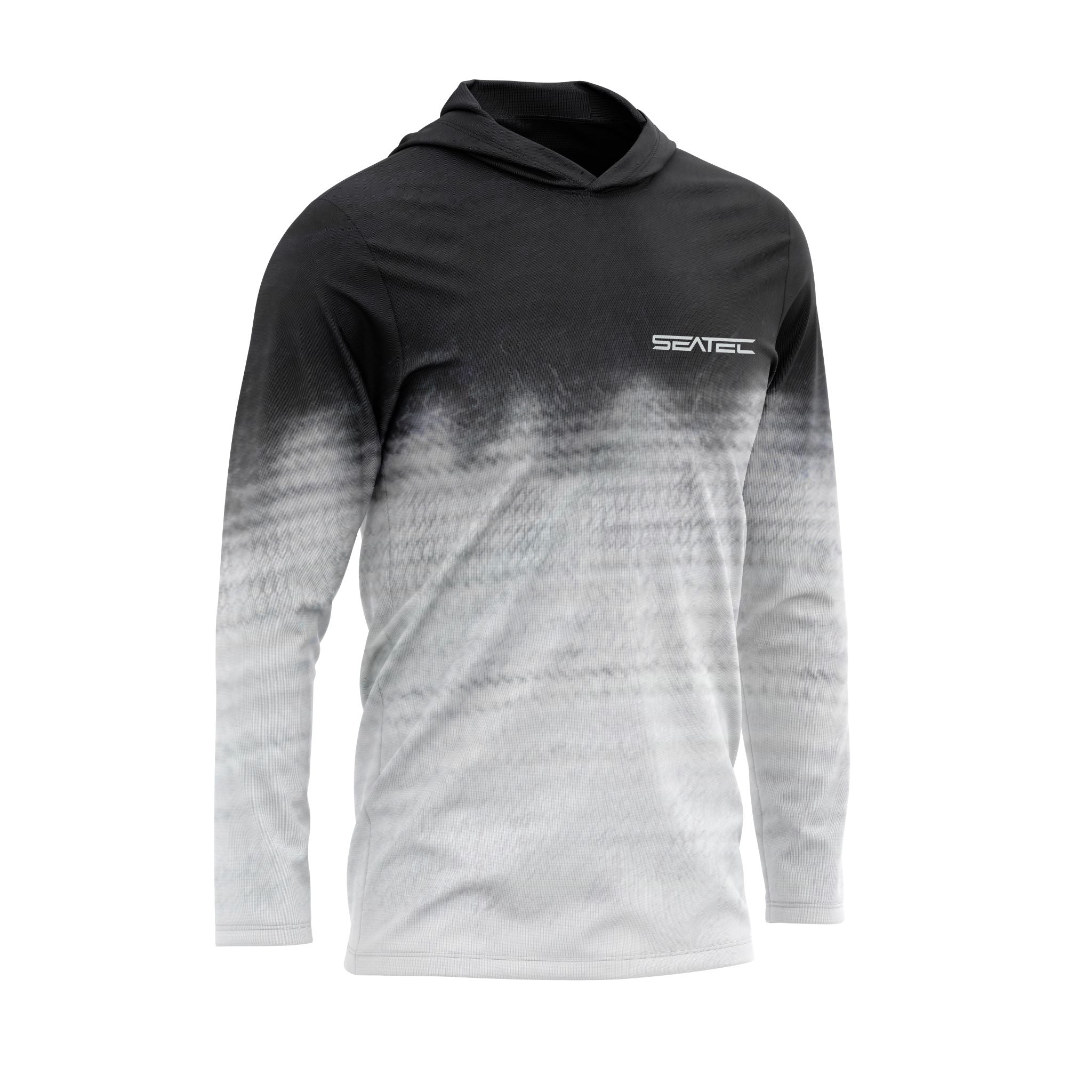 Black and gray gradient hoodie with Seatec logo on a white background