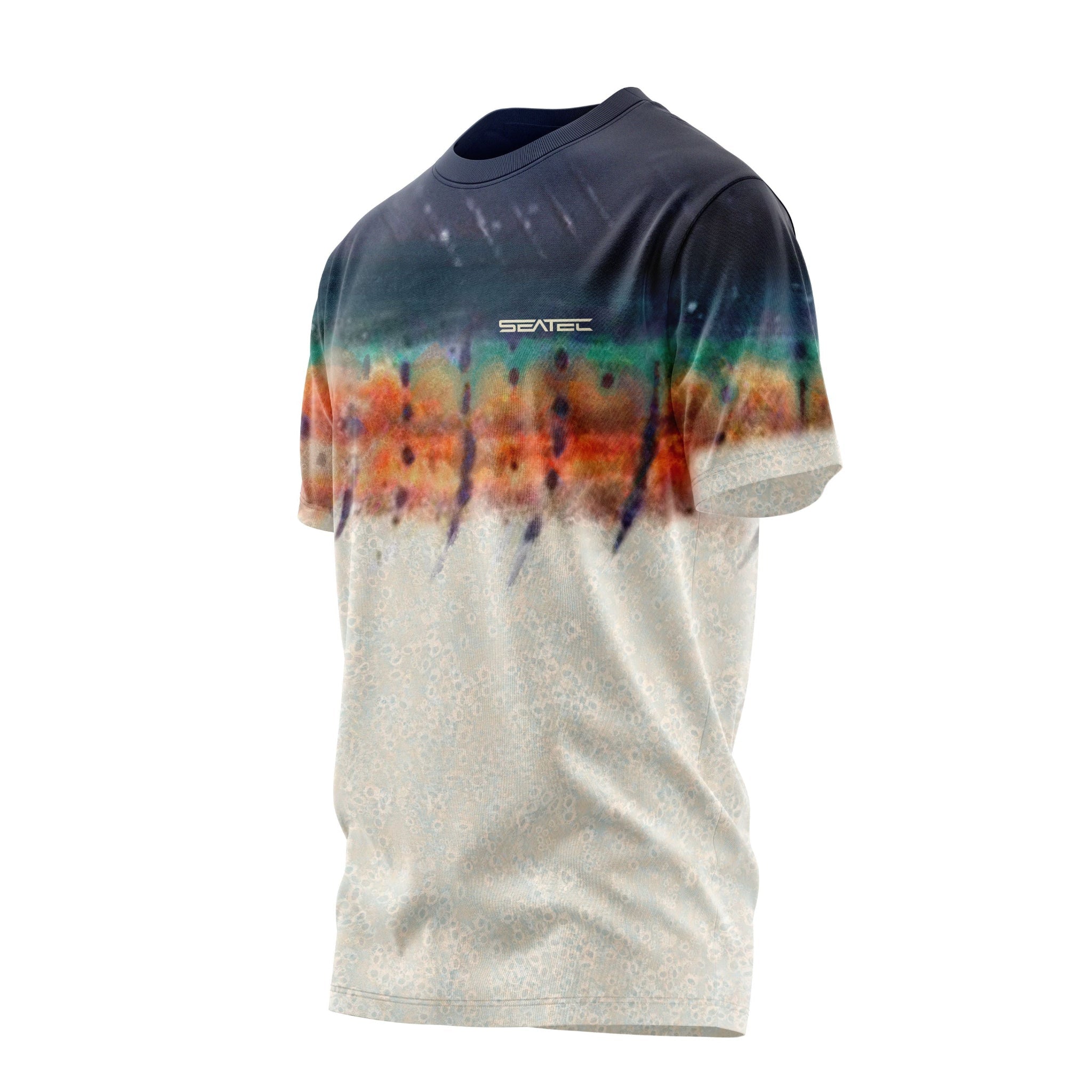 T-shirt with tie-dye design and brand logo on a white background
