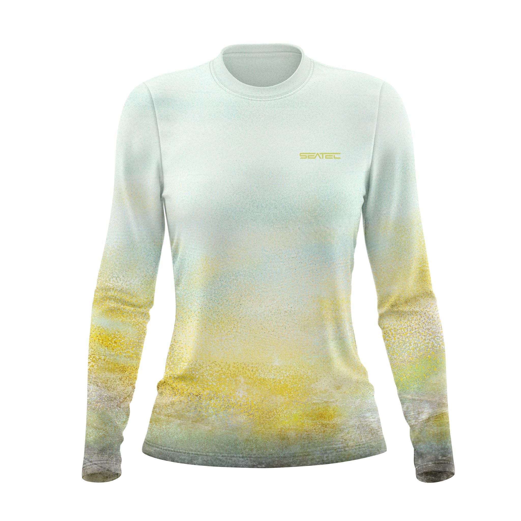 Gradient long-sleeve shirt with yellow to gray pattern on a white background