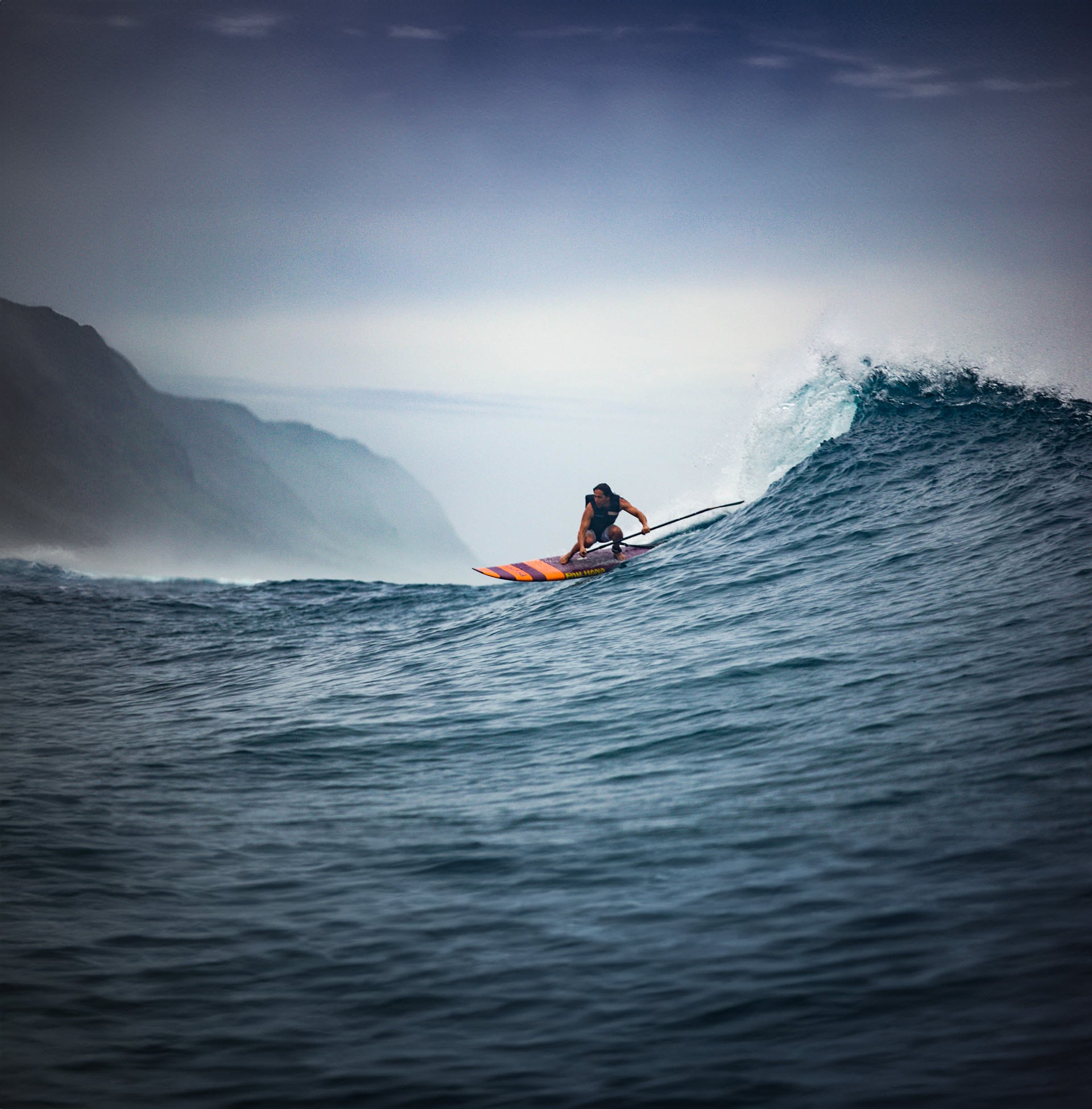 "Pau Hana Surf Supply 8'6" Carve surf sup charging steep ocean wave in Oahu"